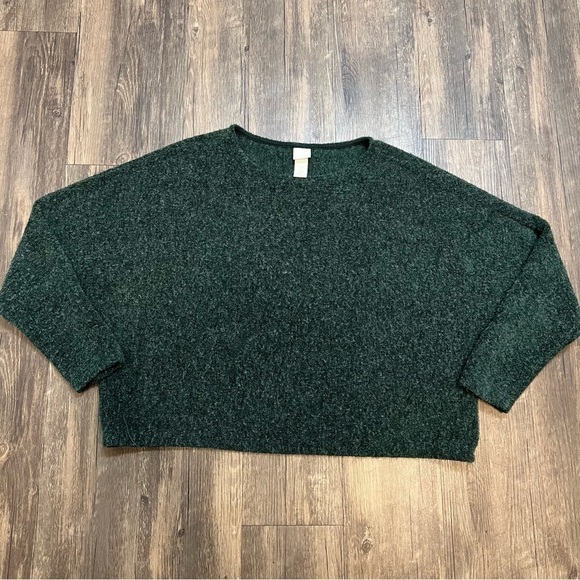 H&M Dark Green Crewneck Cropped Long Sleeves Relaxed Fit Knit Sweater Top Size M - Picture 1 of 8